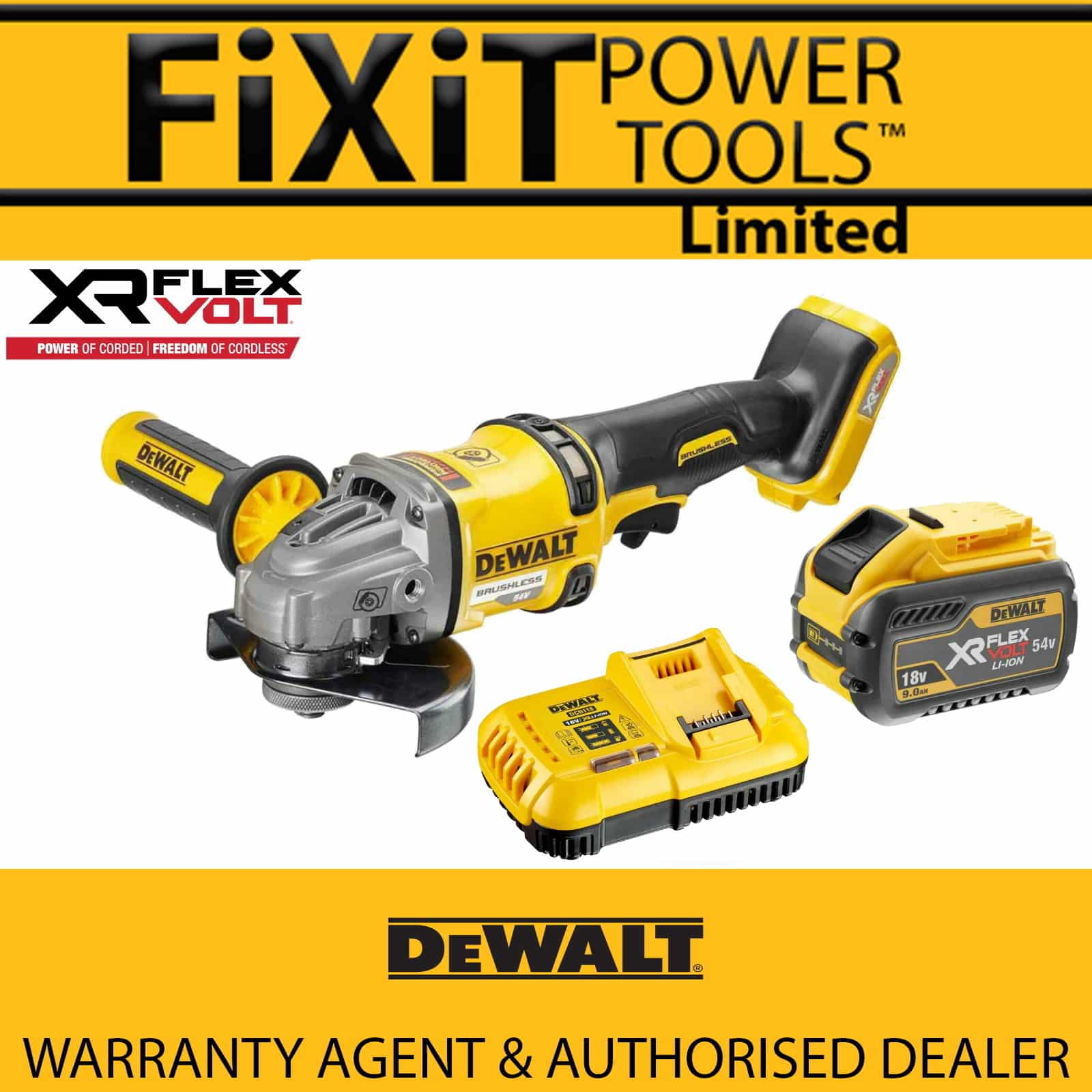 DeWALT DCG414N 54v XR FLEXVOLT Cordless Angle Grinder & 9ah 